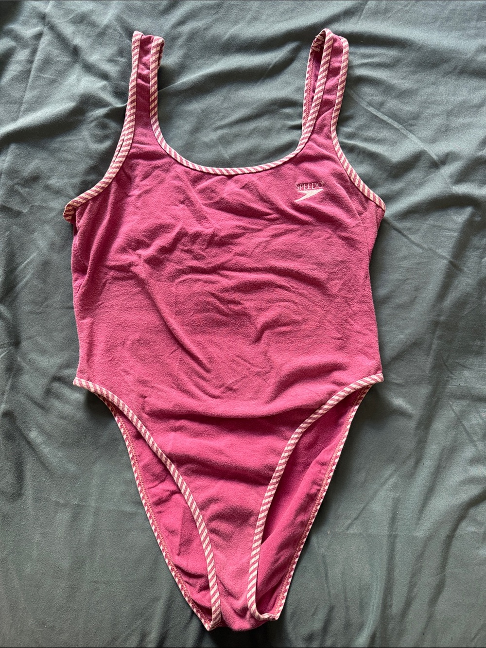 High Cut Vintage 80s Speedo Magenta One-Piece with Striped Trim